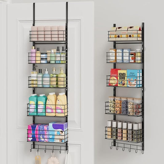 SWTYMIKI Over The Door Organizer - Door Organizer Hanging with 5 Adjustable Metal Large Capacity Basket and 6 Coat Hook, Wall Mounted Shelf for Bedroom Closet Bathroom Laundry Pantry Cabinet Kitchen by SwtyMiki-TidyHomeSweetLife