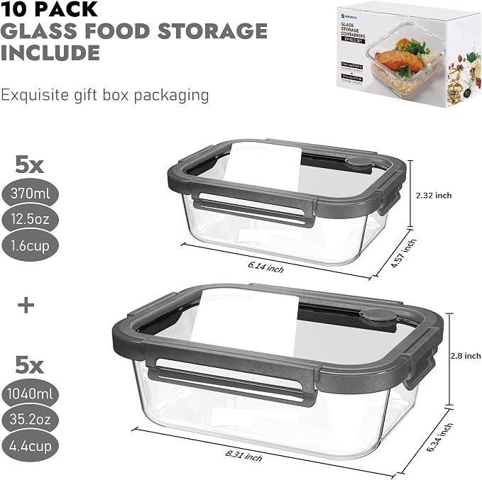 10-Pack Glass Food Storage Containers with Tempered Glass Lids – Borosilicate, Airtight, Oven-Safe (-4°F~950°F), BPA-Free, 4.4 & 1.6 Cup, Leak-Proof, Dishwasher Safe (Gray) - Image 2