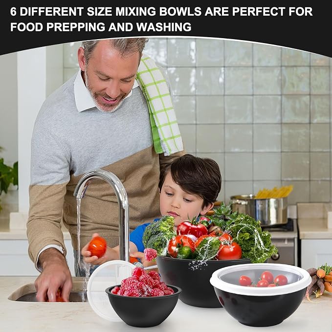 Greentainer Plastic Mixing Bowls with Lids Set 12 Piece Colorful Mixing Bowl Set for Kitchen - Nesting Bowls with Lids Set, 6 Prep Bowls and 6 Lids - Microwave and Freezer Safe(Black) - Image 6