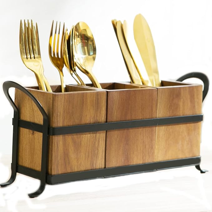 NelyBet Utensil Caddy Silverware Cutlery Holder with 3 Compartment, Wooden Utensil Crock Flatware Organizers with Metal Tray, Rustic Kitchen Utensil Organizers for Farmhouse Kitchen and Countertop by NelyBet