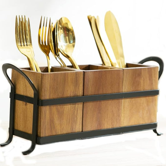 NelyBet Utensil Caddy Silverware Cutlery Holder with 3 Compartment, Wooden Utensil Crock Flatware Organizers with Metal Tray, Rustic Kitchen Utensil Organizers for Farmhouse Kitchen and Countertop by NelyBet