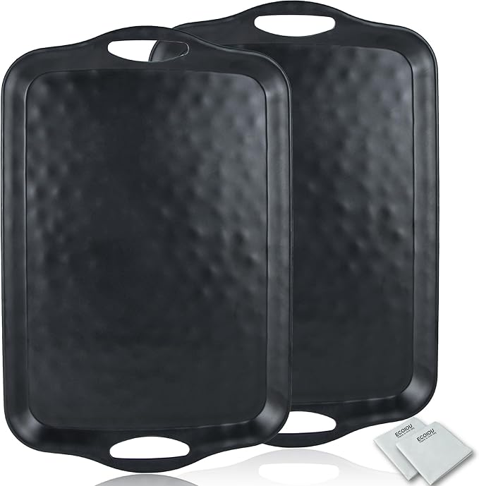 ECOIOU 20x13 inch Extra Large Serving Tray with Handles, Set of 2, Black | Melamine Platters for Serving Food, Turkey, Cookie, Rectangular Trays for Eating, Raised Dots Matt Finished, Dishwasher Safe by Ecoiou