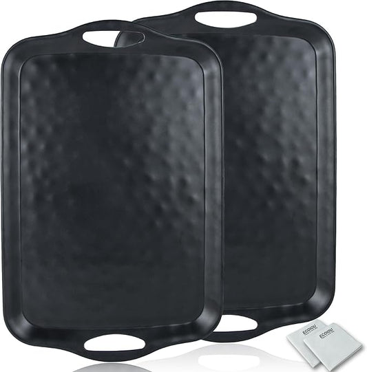 ECOIOU 20x13 inch Extra Large Serving Tray with Handles, Set of 2, Black | Melamine Platters for Serving Food, Turkey, Cookie, Rectangular Trays for Eating, Raised Dots Matt Finished, Dishwasher Safe by Ecoiou