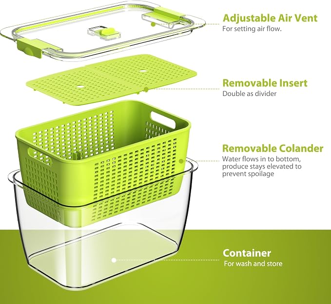 LUXEAR Fruit Vegetable Storage Container, 4 Pack Fresh Containers for Fridge with Lids BPA-Free Produce Refrigerator Organizer for Fruit, Veggie, Berry, Meat Storage Keep Fresh Longer-Green - Image 3