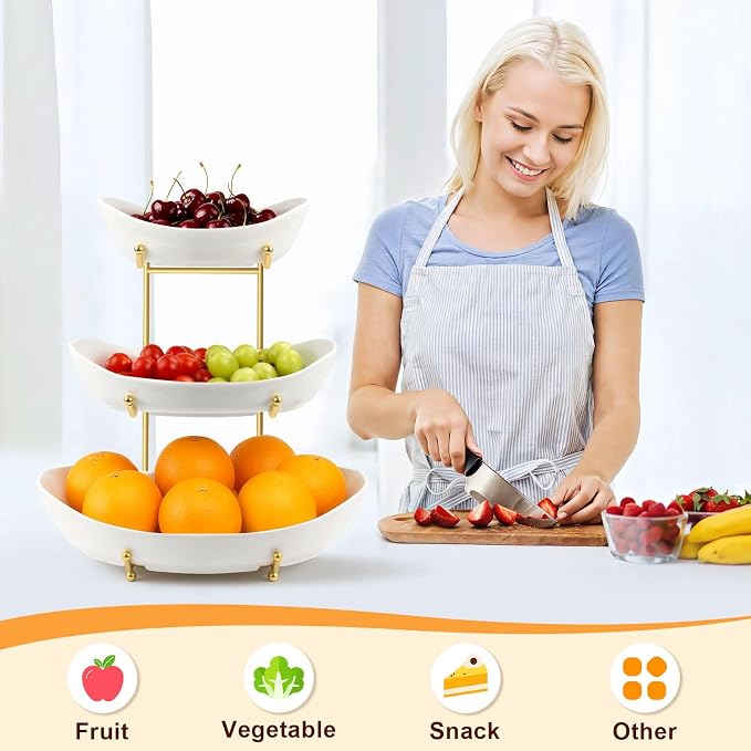Fruit Bowl for Kitchen Counter Large, 3 Tier Fruit Basket for Counter, Ceramic Holder, Tiered Stand with Metal Stand, Detachable Rack for Fruit Vegetable Snack Dessert Storage (White) - Image 6