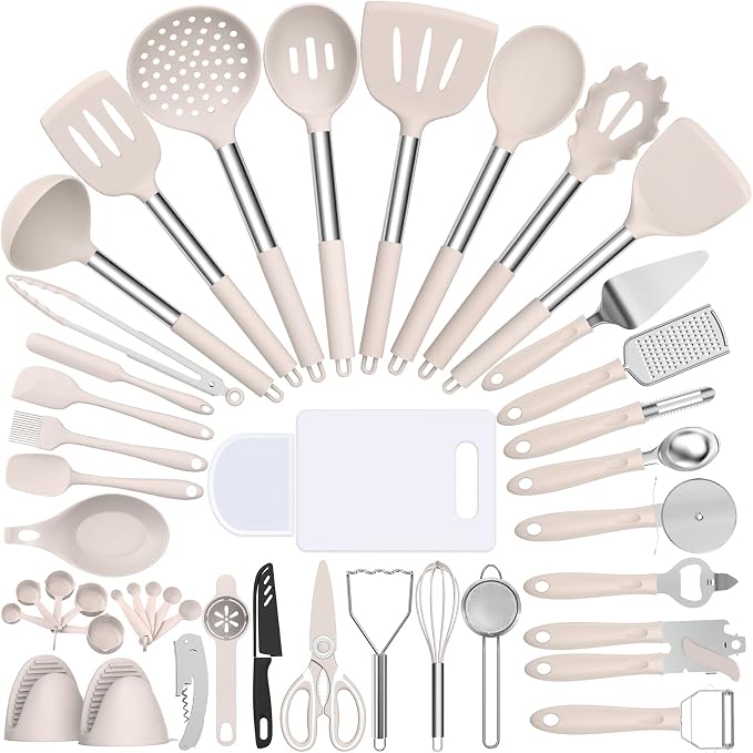Silicone Cooking Utensil Set, Umite Chef 43 PCS Heat Resistant Kitchen Utensil Gadgets Set-Stainless Steel Handle- Kitchen Spatula Tools for Nonstick Cookware, Pots and Pans Accessories (Khaki) by UmiteChef