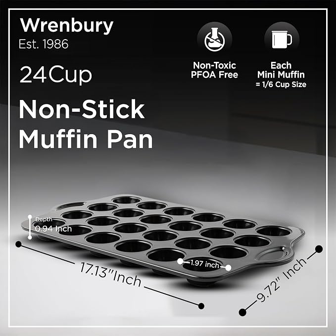 Wrenbury Mini Muffin Pan Non Toxic Set of 2 - Non Stick 24 Cup Small Cupcake Tray for Baking Joyful Bites - Dishwasher Friendly - Health Conscious Baking - 1.8" Cup - Image 2