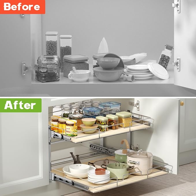 ROOMTEC 2 Tier Individual Pull Out Cabinet Organizer 31½"W x 21½"D, Slide Out Wood Shelves Organizers, Pull Out Drawers Organization and Storage for Kitchen Cabinet - Image 7