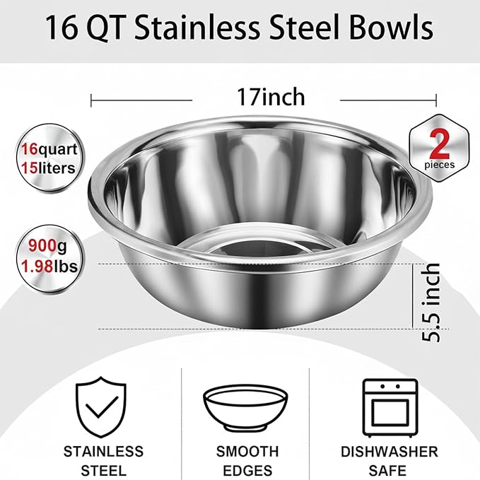 2 Pack 16 Qt 304 Stainless Steel Extra Large Mixing Bowls with Flat Base Polished Mirror Finish Metal Bowls for Home or Commercial Baking Mixing Marinating and Food Preparation - Image 2