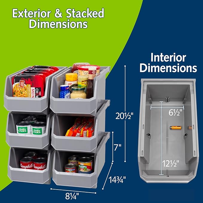 Large Stackable Plastic Storage Bins, 6-Pack, Grey | Open-Front Stackable Bins For Garage, Pantry, Closet & Office, 14,8"L X 8"W X 7"H, Nests When Empty, Durable Plastic, - Image 3