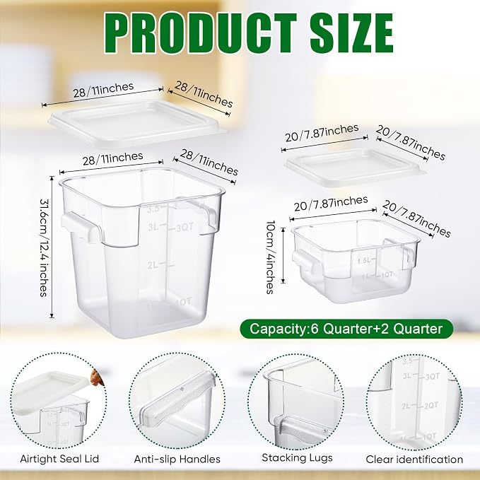 FoldTier 2 Pieces Square Food Storage Containers Polycarbonate Clear food Container with Lid Commercial Storage with Graduations for Commercial Kitchen Dough Marinating Meat (White,2 Qt,4 Qt) - Image 2