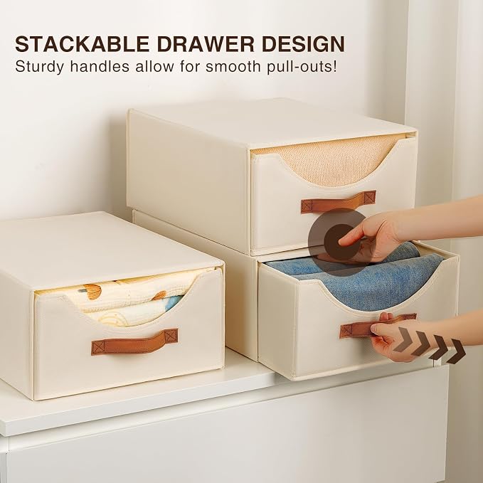 Large Closet Storage Bins with Drawer, Fabric Bins for Organization, Collapsible Storage Drawers Organizer for Bedroom, Living Room, 8 Pack, Beige - Image 5
