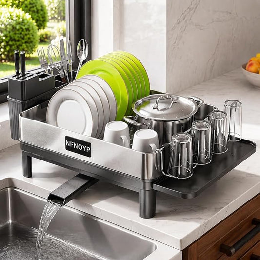 Dish Drying Rack, 304 Stainless Steel Dish Rack and Drainboard Set, Rustproof Dish Drainer with Anti-Pooling Automatic Drainage, Large Capacity Kitchen Counter Organizer, Black by Nfnoyp