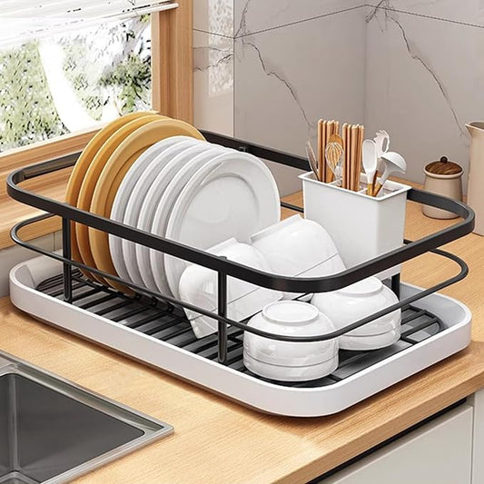 Kitchen Counter Dish Drying Rack,Stainless Steel Dishes Drainer with Utensil Holder,Space-Saving Dish Rack,Removable Plastic Drainer Tray for Dishes, Knives, Spoons (Black,No Cup Holder) by SINGID