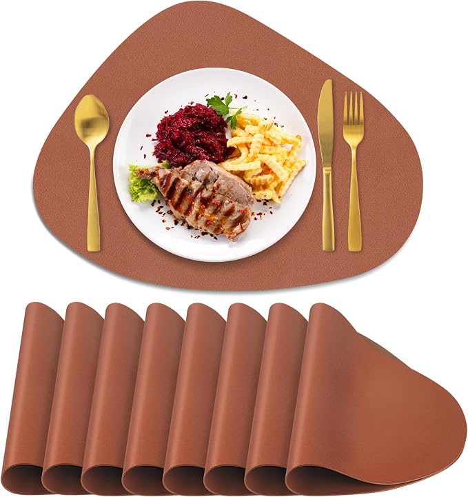 Faux Leather Placemats Set of 8, Wipeable & Washable Table Mats | Waterproof, Heat-Resistant & Easy to Clean Round Place Mats for Dining & Kitchen, 17''x13'', Brown by Delicateandelegantplacemats
