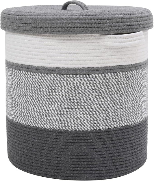 16" x 16" x 18" Extra Large Storage Basket with Lid, Cotton Rope Storage Baskets, Laundry Hamper, Cloth Bin, for Clothes Towels Blankets Pillows Storage in Living Room, White/Grey Mix/Dark Grey by Cottonphant