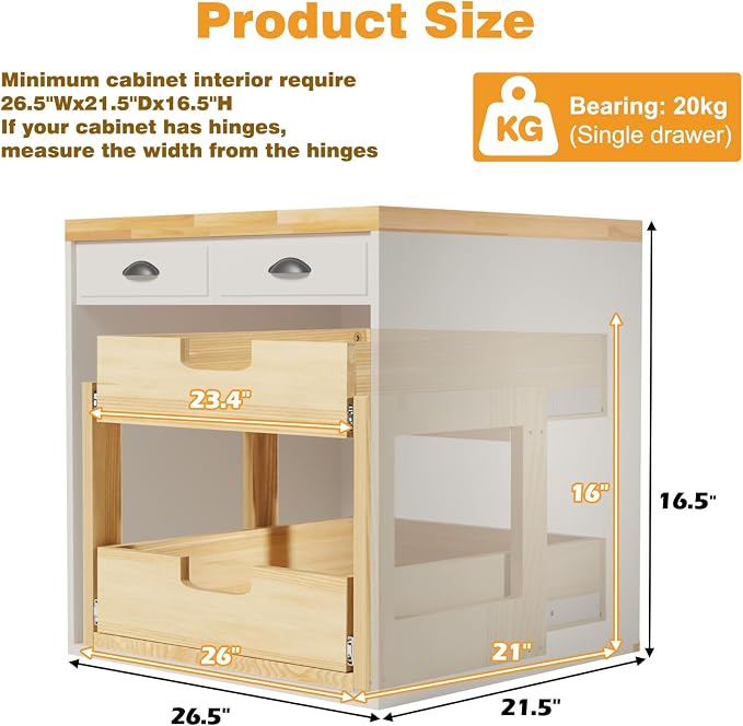Pull Out Cabinet Organizer, 26''W×21''D Sliding Drawers for Cabinets, 2 Tier Soft Close Slide Out Wooden Pull out Drawers, Base Cabinet Organization for Kitchen, Pantry, Bathroom - Image 3
