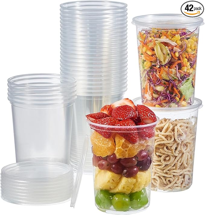 Jaluxing [42 Sets - 32 oz. Plastic Deli Food Storage Soup Togo Containers With Airtight Lids Clear Disposable Takeout Quart Container (Formerly FULING) by JALUXING
