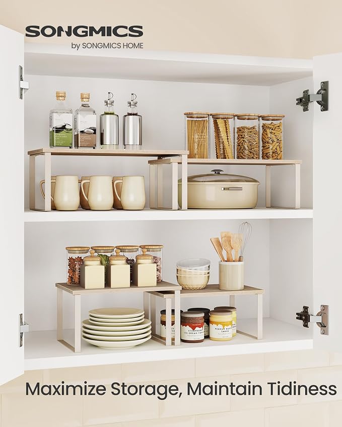 SONGMICS Cabinet Organizer Shelf, Set of 2 Kitchen Counter Shelves, Kitchen Storage, Spice Rack, Stackable, Expandable, Metal and Engineered Wood, 15.6 Inches, Beige & Cream White UKCS025L01 - Image 2
