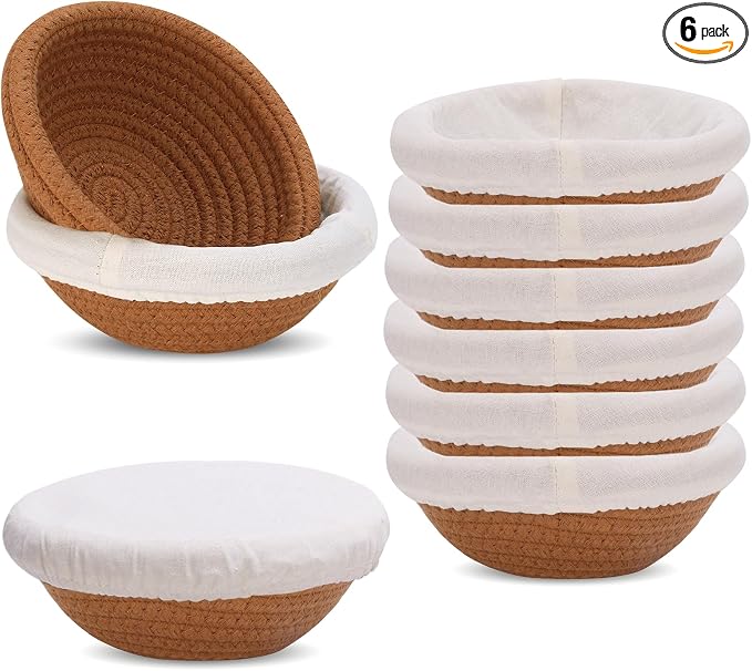 5 Inch Cotton Banneton Proofing Basket Set of 6, Mini Sourdough Bread Baking Kit, Small Artisan Dough Baskets with Cover and Liner for Homemade Bread Baking Supplies (Brown, 5 Inch) by yeload