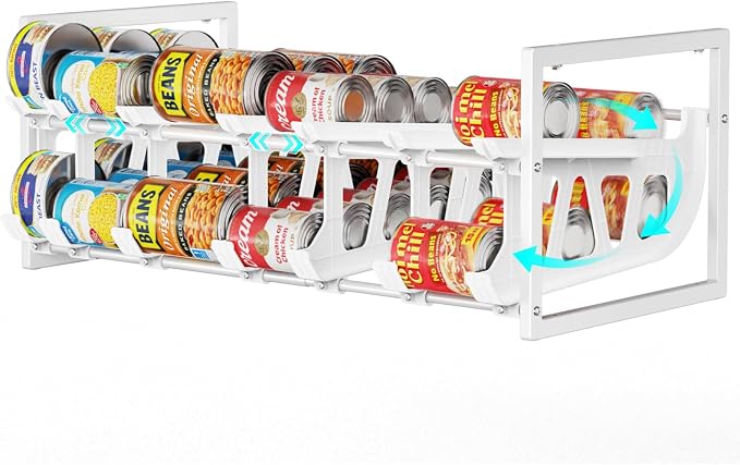 Can Organizer for Pantry - Auto-Rolling, Expands to Hold 60 Cans | White, Stackable, For Walk-in Pantry Shelves, Adjustable Width for Soda, Soup and Food Cans, Easy Access & Restocking by iSPECLE
