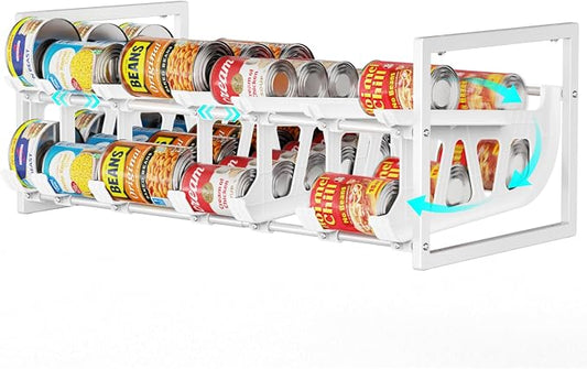Can Organizer for Pantry - Auto-Rolling, Expands to Hold 60 Cans | White, Stackable, For Walk-in Pantry Shelves, Adjustable Width for Soda, Soup and Food Cans, Easy Access & Restocking by iSPECLE