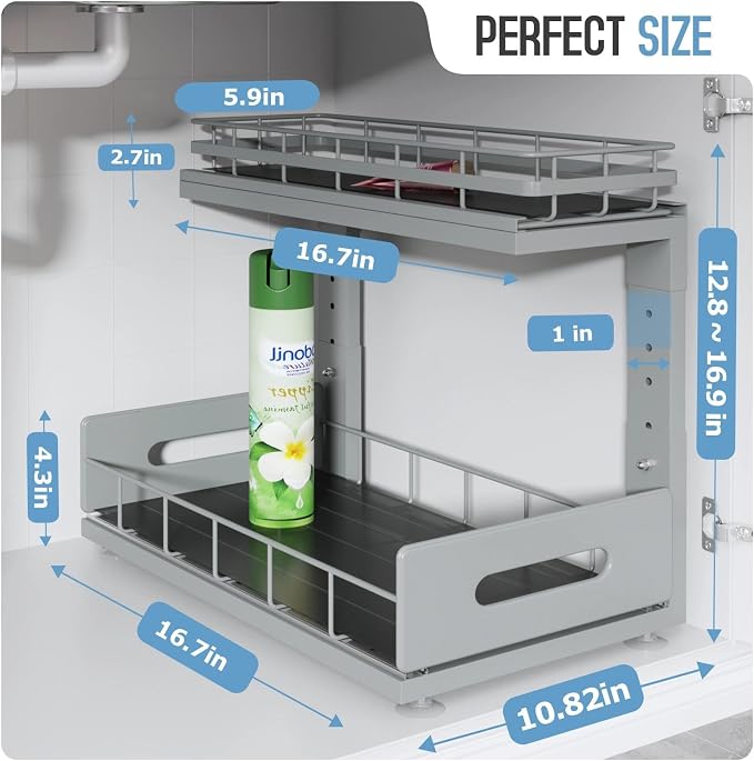 Under Sink Organizer Upgrade To Professional Rails,2-Tier Dual Pull Out Cabinet Storage,Height Adjustable Slide Out Drawers For Bathroom Kitchen,2 Pack-16.7"Dx12.8"-16.9"H,Gun Gray - Image 2