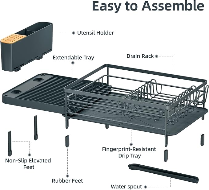 Urackify Extendable Dish Rack, 18.5"-26.7" L x 12.7" W, Dark Slate Gray | Multifunctional large dish rack with cup holder and built-in cutlery holder for versatile drying needs - Image 7