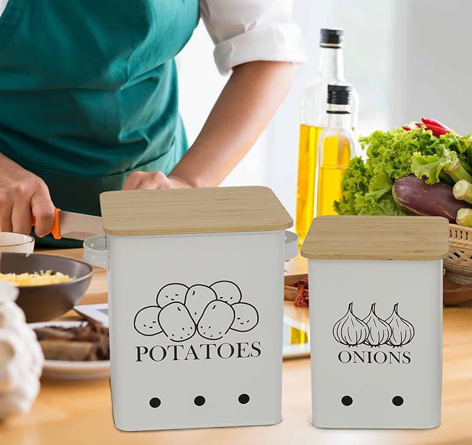 Kitchen Vegetable Storage Tins Set of 2, Onion and Potato Storage Bins with Wooden Lid and Aerating Holes, Garlic Bin Caddy, Vintage Kitchen Decor, White - Image 6