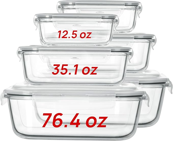 Vtopmart 2.26L/76oz Extra Large Glass Food Storage Containers with Lids, 6 pack Meal Prep Container Set, Airtight Lunch Boxes with Snap Locking Lids for Microwave, Oven, Freezer, Dishwasher | Meal Prep Container Set, Airtight Lunch Boxes with Snap Lock... by Vtopmart