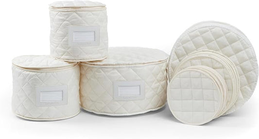 Covermates Keepsakes Dish Storage Set – Padded China & Dinnerware Storage Cases with Dividers, Cup & Stemware Storage, Quilted Polyester Protection, ID Window, Cream by Covermates