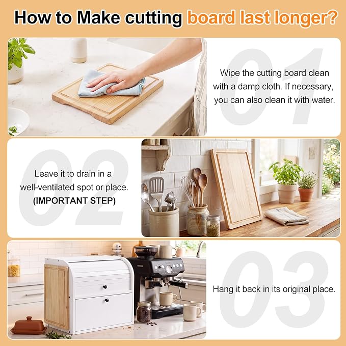 Alpeir Roll Top Bread Box with Cutting Board for Kitchen Countertop, White | Large Breadbox with Ventilation Holes, Double Layer Pantry Shelf, Wooden Homemade Bread Storage Container, Vintage Farmhouse - Image 9