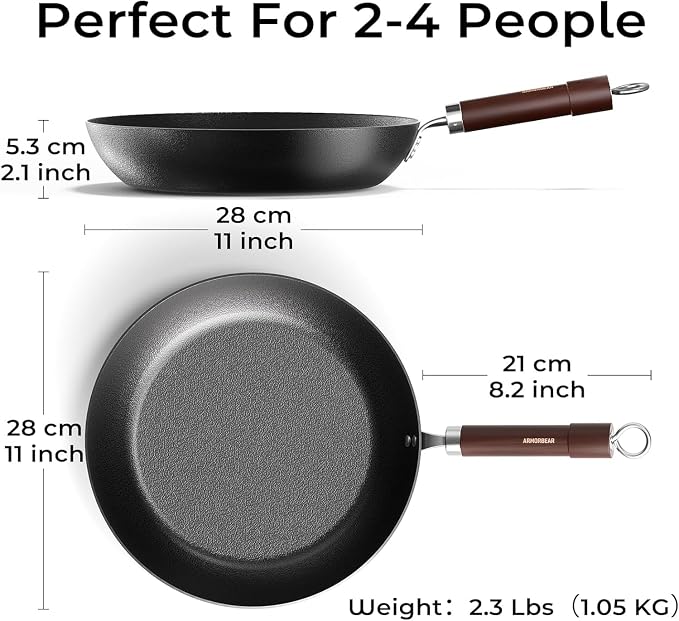 Carbon Steel Frying Pan, Pre-Seasoned 11-Inch Cooking Skillet Wooden Handle, PFAS & PFOA-Free, Nitrided Black Fry Pan for Kitchen, Camping, Chef Use - Image 2