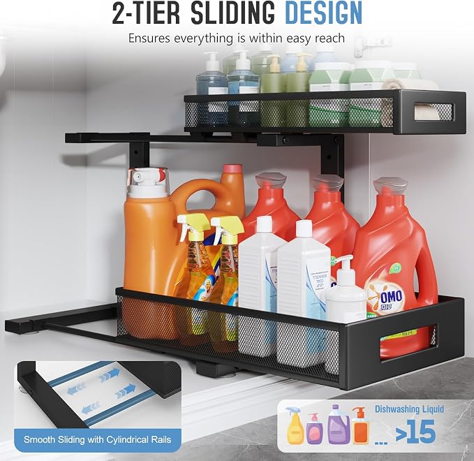 1 Pack 17IN Depth Under Sink Storage Organizer, Large 2-Tier Elegant Mesh Pull Out Shelf for Kitchen and Bathroom Cabinet Organization, L-Shaped and Adjustable Height Design-Black - Image 4