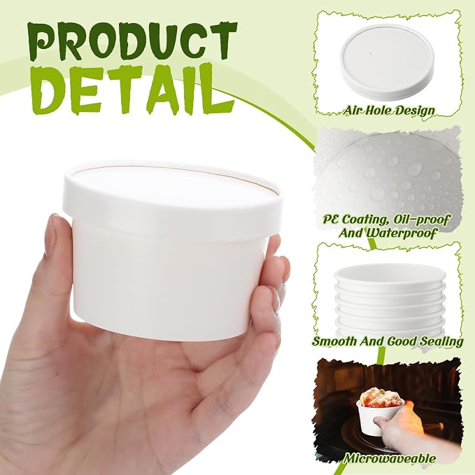 Fulmoon 100 Pack Paper Soup Containers with Lids Disposable Paper Food Containers with Vented Lid Kraft Ice Cream Cake Dessert Cups Soup Bowl for Party Hot Food Fruit Microwave(5 oz,White) - Image 3