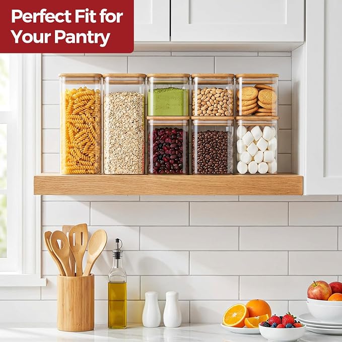 Glass Pantry Storage Containers with Lids 0.6/1.2/1.9 Qt 6 Pack | Pantry Organization, Square Stackable Design, Flour Sugar Coffee Beans Pasta Cereal Dry Food Storage,Kitchen Organizer - Image 5