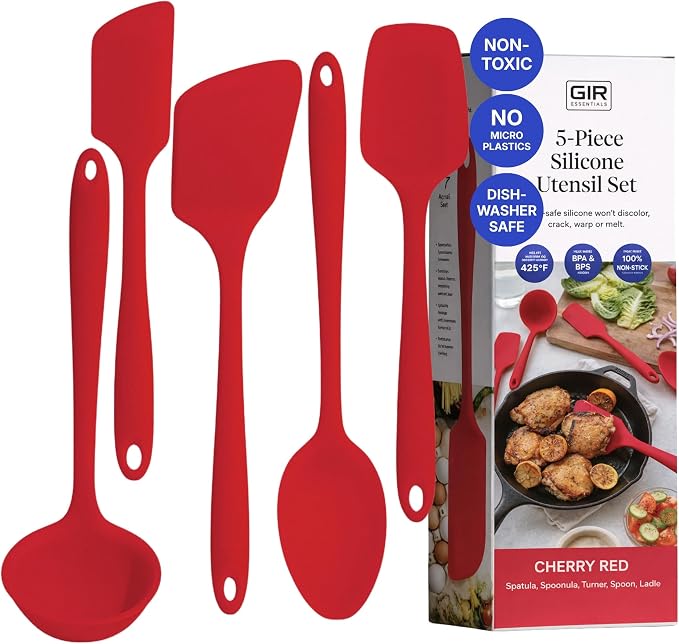 GIR 5-Piece Silicone Kitchen Utensils Set, Non-Toxic Cooking Utensils for Cooking and Baking, Heat Resistant, Food Grade, Dishwasher Safe Rubber Spatula, Ladle, Spoon - Cherry Red by GIRGetItRight