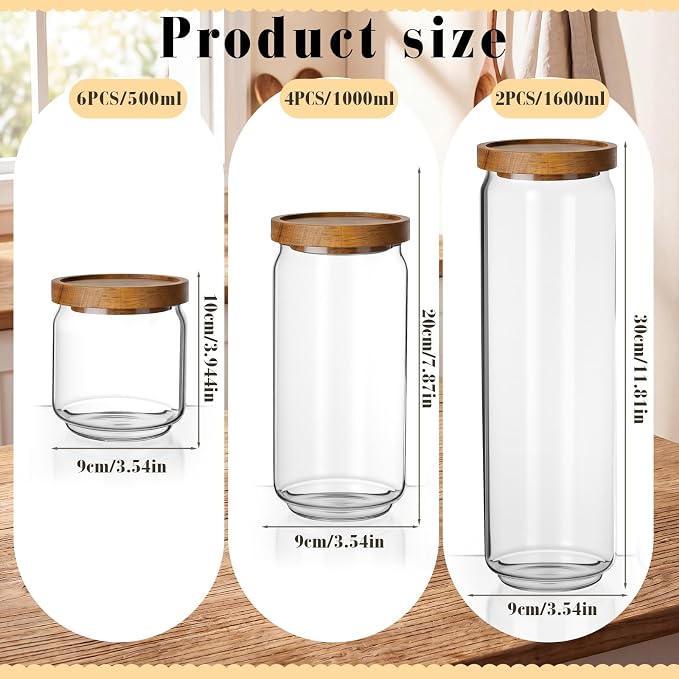 SiliFine 12 Set Glass Pantry Storage Jar with Acacia Airtight Lid 3 Size Glass Storage Container Jar for Pasta Spaghetti Cereal Coffee Bean Flour Sugar Rice, 17oz, 35oz, 53oz (Wood Lid) - Image 2