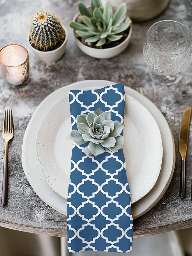 Cloth Napkins Set of 4-20x20 Inches, Blue Moroccon Washable Reusable Table Napkins, Middle Century Minimalist Rustic Geometric Soft & Absortbent Dining Napkin for Party Wedding Hotel Restaurant - Image 3