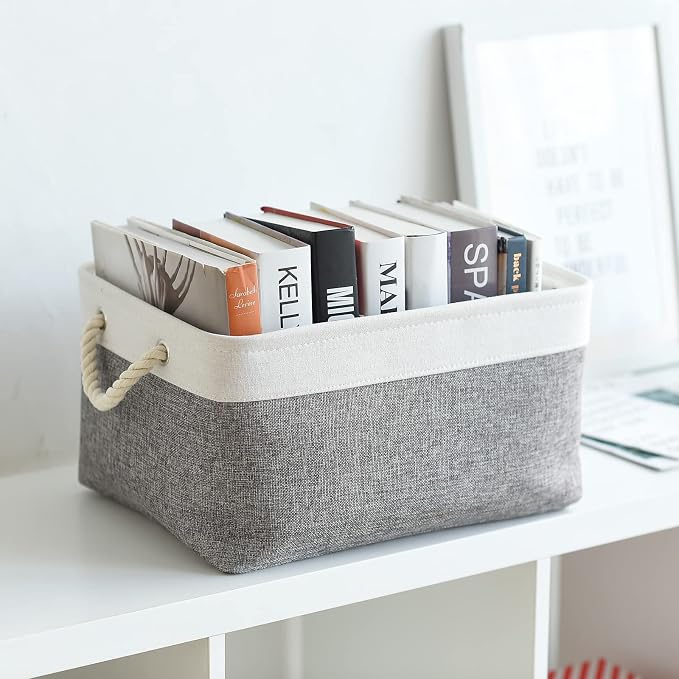 Organization and Storage Basket for Organizing- 16x12x8 inch 1 Pack Fabric Storage Cubes, Collapsible Storage Bins for Shelves Organizer Gift Closet Cloth Toy (White & Grey) - Image 3