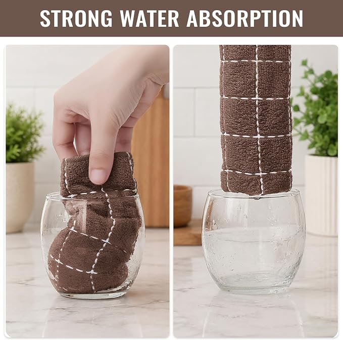 Kitinjoy 100% Cotton Terry Kitchen Towels, 13”x 28”, 6-Pack, Brown | Checkered Designed, Ultra Soft Absorbent Quick Drying Dish Towels - Image 5