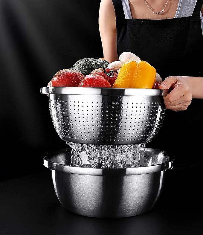 meleg otthon Stainless Steel Mixing Bowls, 5.8QT Salad Bowl, Metal Bowls with Water Filter Basin, Stainless Steel Basin, Heavy Duty Deeper Edge Mirror Finish Dishwasher Safe Bowl (L) - Image 6