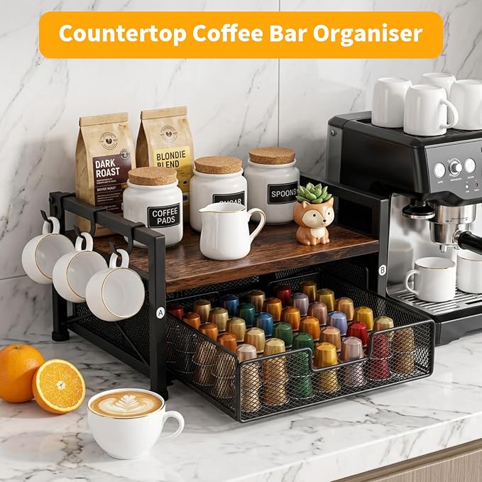 Tea Bag Coffee Bar Organizer,Teabag Holder & Coffee Station with Storage Drawer,Wood Tea Station Chest Display Container Box for Countertop Kitchen (Rustic Brown) - Image 5