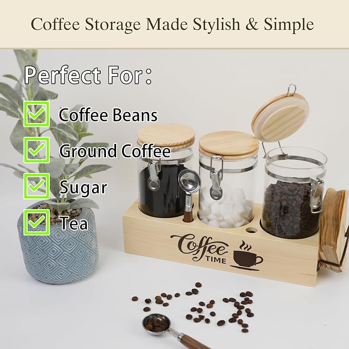Glass Coffee Canister Set with Shelf & Spoons - 3 Piece Airtight Seal Coffee Bean Storage Containers & Filter Holder for Kitchen Organization - Image 5