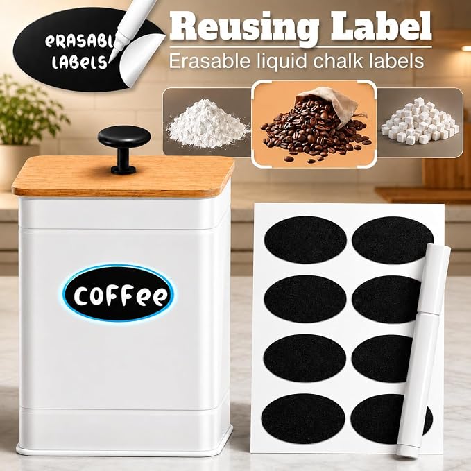 Kitchen Canister Set of 4, White Airtight Metal Flour Sugar Containers | 4 Practical Capacities, Flat Bamboo Lids, Wide Openings, Reusable Chalkboard Labels & Marker, Countertop and Pantry Organized - Image 5