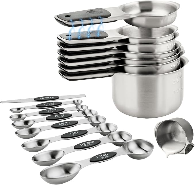 Magnetic Measuring Cups & Spoons Set of 15 | BPA Free,Heavy Duty 304 Stainless Steel,Strong N52 Magnets,Dishwasher Safe with Leveler for Baking and Cooking by Ununpentium