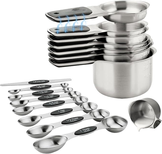 Magnetic Measuring Cups & Spoons Set of 15 | BPA Free,Heavy Duty 304 Stainless Steel,Strong N52 Magnets,Dishwasher Safe with Leveler for Baking and Cooking by Ununpentium