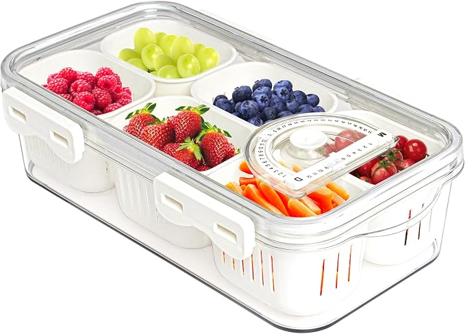 Divided Food Serving Tray with Lids Stackable Snackle Box for Candy Nuts Spice Fruit&Veggie Container with 6 Small Dividers Plastic Storage Bins for Fridge Pantry Freezer by MineSign