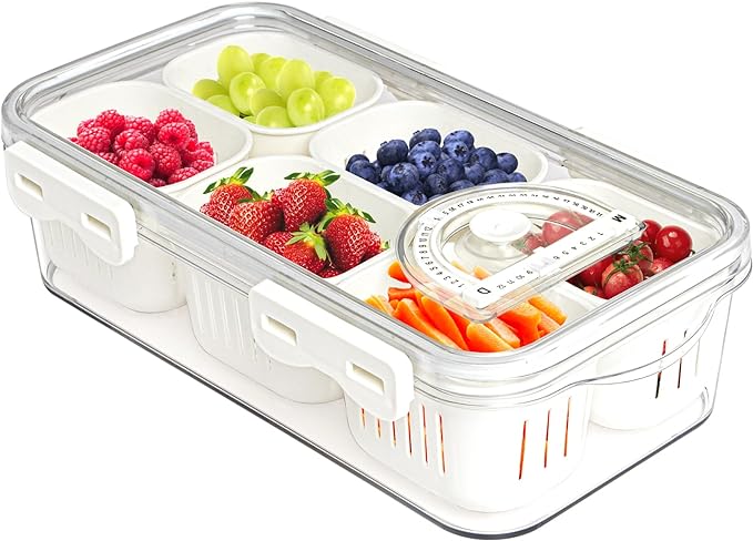 Divided Food Serving Tray with Lids Stackable Snackle Box for Candy Nuts Spice Fruit&Veggie Container with 6 Small Dividers Plastic Storage Bins for Fridge Pantry Freezer by MineSign