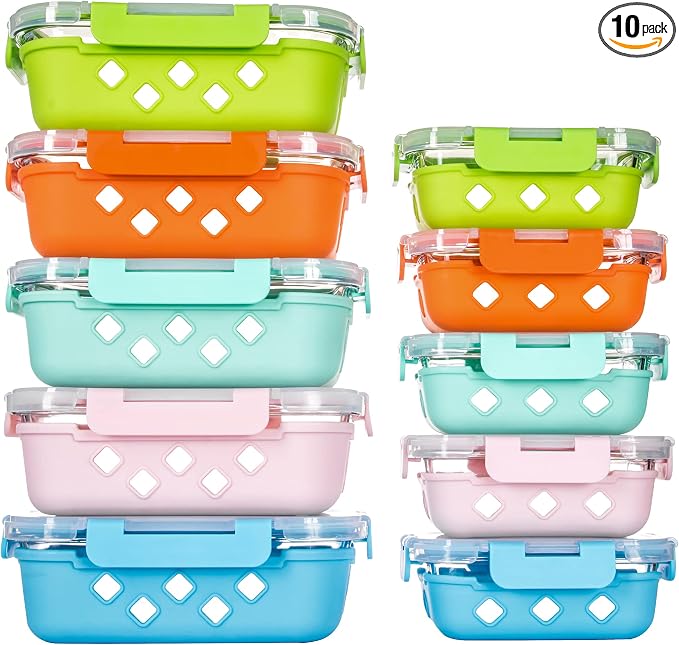10 Pack Glass Meal Prep Containers with Removable Silicone Sleeves,Food Storage Container Set with Airtight Lids (34oz+12oz) by yaryoung